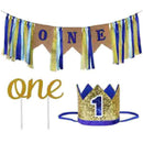 Baby 1 Year Birthday Deco Set, Banner, Cake Deco, Crown Hat, Blue, Purple - Sallys Home