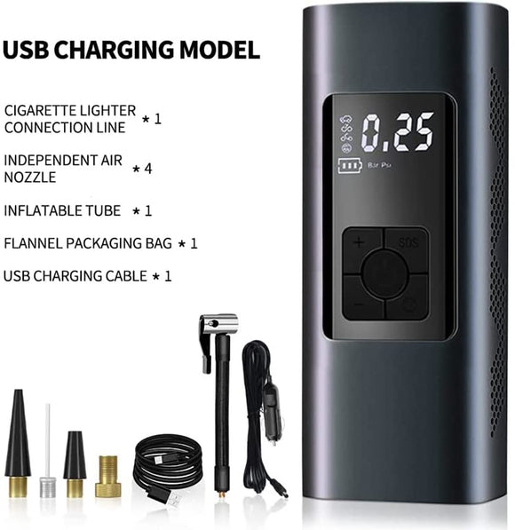 Electric Air Compressor Wireless Inflator – Digital Display – Auto Shut - Off – Built - In Rechargeable Battery – With Light & Phone Charging Output - Sallys Home