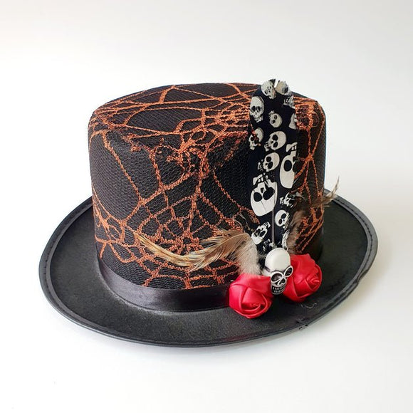 Halloween Hat – Black With Cobweb Net & Skull On Side - Sallys Home