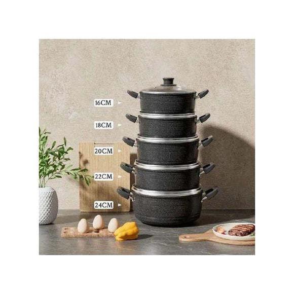 JamesPot Black Cookware 10pc Set (Wove) Granite Material 5pcs pots + 5pcs lids - Sallys Home