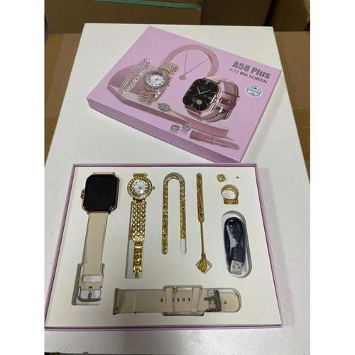 6 in 1 Smart Watch A58 Plus With - Necklace, Earrings, Bracelet, Ring Luxury Gift Box