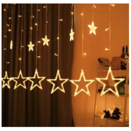 LED Warmwhite Curtain Lights, Stars 6pcs Big & 6pcs Small With 8 Function Controller