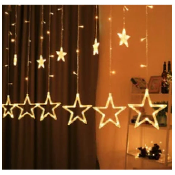 LED Warmwhite Curtain Lights, Stars 6pcs Big & 6pcs Small With 8 Function Controller