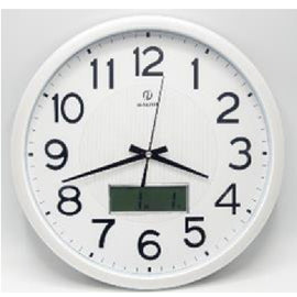 Wall Clock Round 35cm White Frame With Quartz Movement With Digital Clock Inside DD/MM/YY Haisi