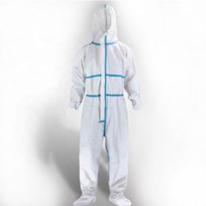 White Overall With Blue Stripe, Breathable Fabric With Hood And Shoe Cover