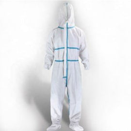White Overall With Blue Stripe, Breathable Fabric With Hood And Shoe Cover