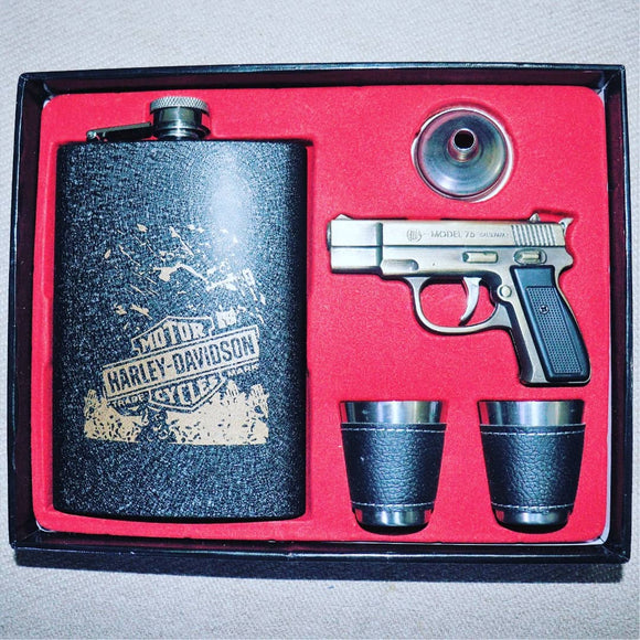 Stainless Steel Liquor Whiskey Flask With Gun Lighter And Stylish Gift Box