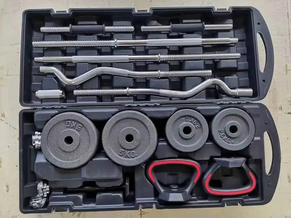 58KG Anti Rust Adjustable Dumbbell, Kettlebell and Barbell Set with Case IFx