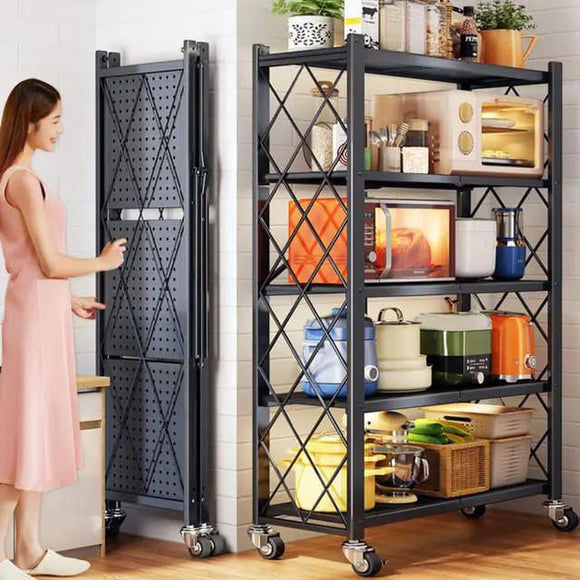 5 Tier Foldable Multipurpose Rack with Shelves & Wheels – Kitchen, Storage & Display