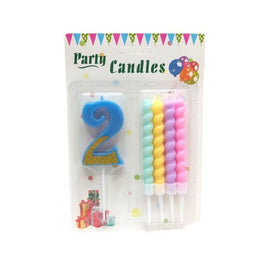 Set Of 1 Number And 4 Curly Candles On Blister Card, Assorted Colors, With Plastic Base - Sallys Home