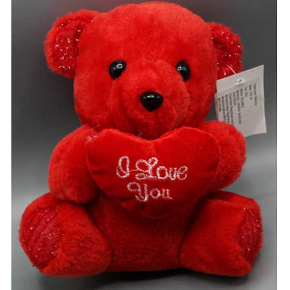 Soft Toy Teddy Bear 20cm Holding Red Heart Written I Love You, With Shiny Legs & Ears, Red / Brown - Sallys Home