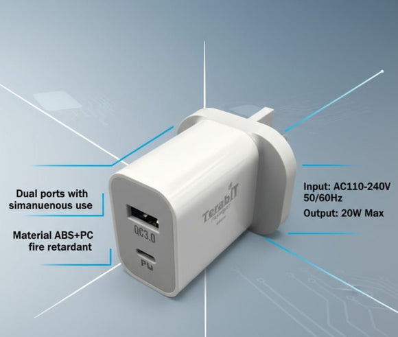 Terabit Dual - Port Fast Charger 20W Normal USB + Type C UK Socket - Sallys Home