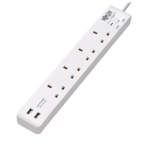 Tripp - Lite 4 - Outlet Power Strip – British BS1363A Outlets, 220 - 250V AC, 13A, 1.8 m Cord, BS1363A Plug, White - Sallys Home